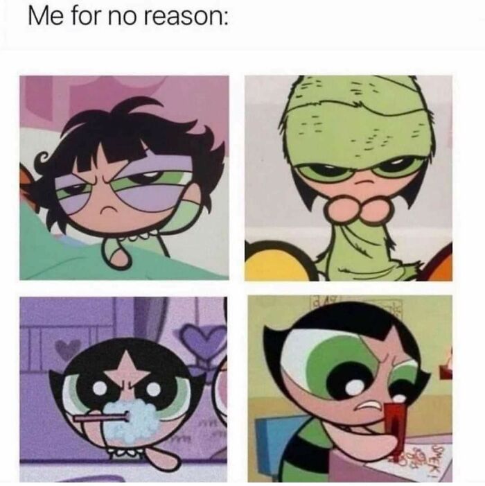 Four cartoon characters showing different relatable tired and annoyed facial expressions in funny work memes.