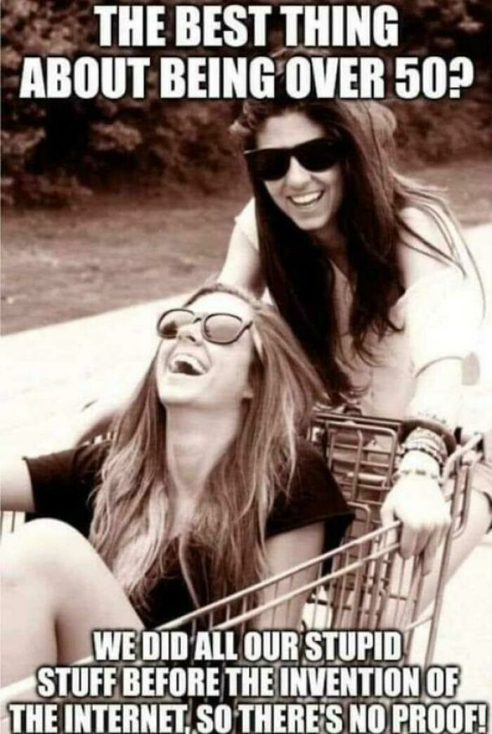 Two women laughing with sunglasses in a shopping cart, relating to nostalgic items and creaking joints memories.