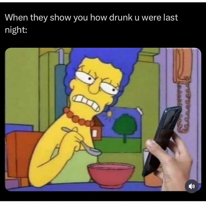 Cartoon character making a grimace while eating, reacting to a phone showing how drunk they were last night meme.
