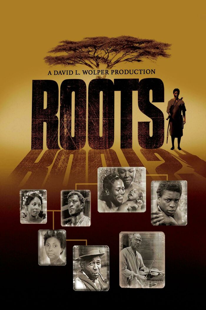 Roots TV show poster with portraits of Black characters beneath a large tree, symbolizing history and heritage.