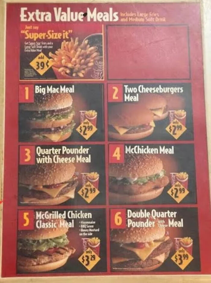 Vintage fast food menu featuring classic value meals with burgers, fries, and drinks, nostalgic item reminding of creaking joints
