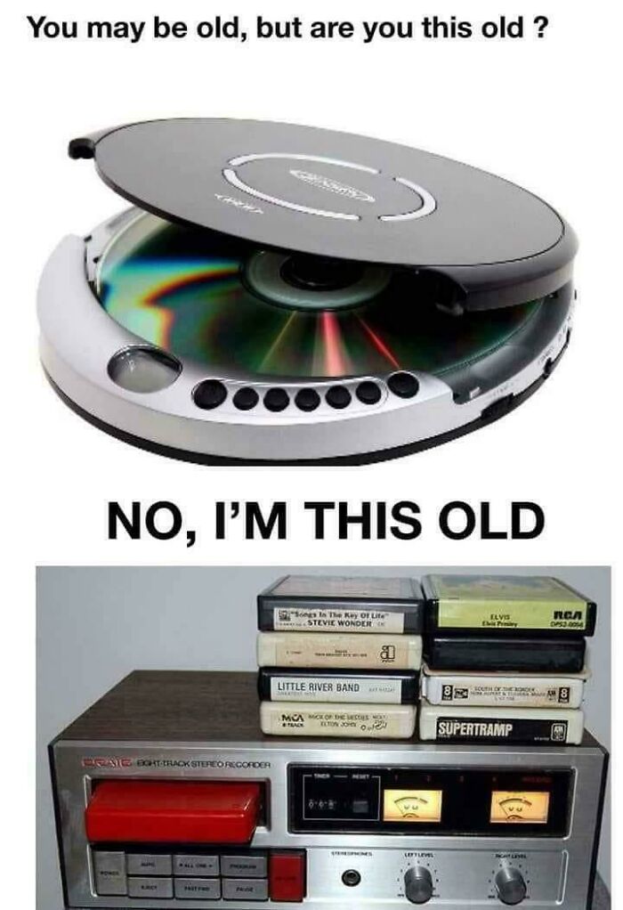 Portable CD player with compact discs above vintage eight-track stereo recorder and tapes, nostalgic items for creaking joints.