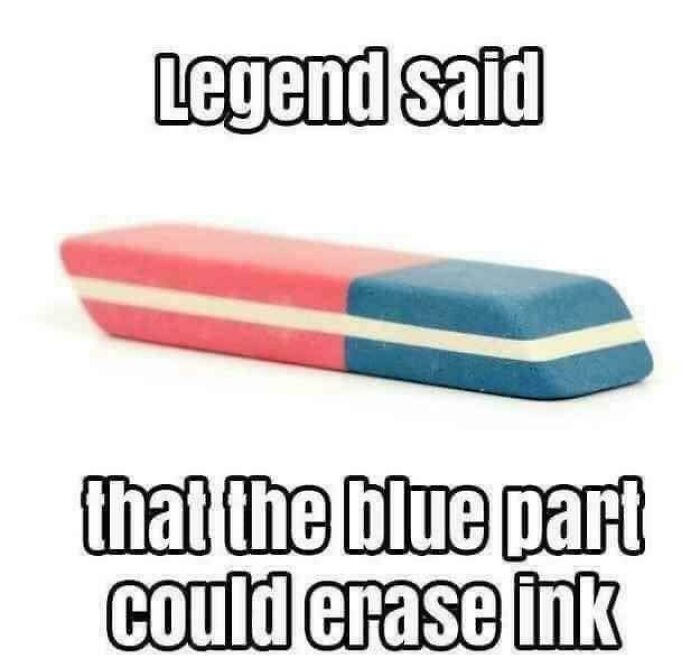Vintage pink and blue eraser with text referencing nostalgia for items that remind you of creaking joints.