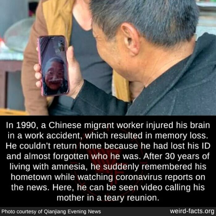 Man with memory loss video calling mother in emotional reunion, a fascinating fun fact about memory and amnesia.