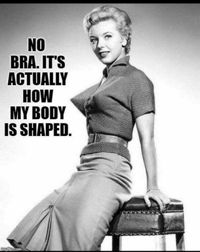 Vintage black and white photo of a woman with 1950s fashion humor about body shape and aging joints nostalgia.