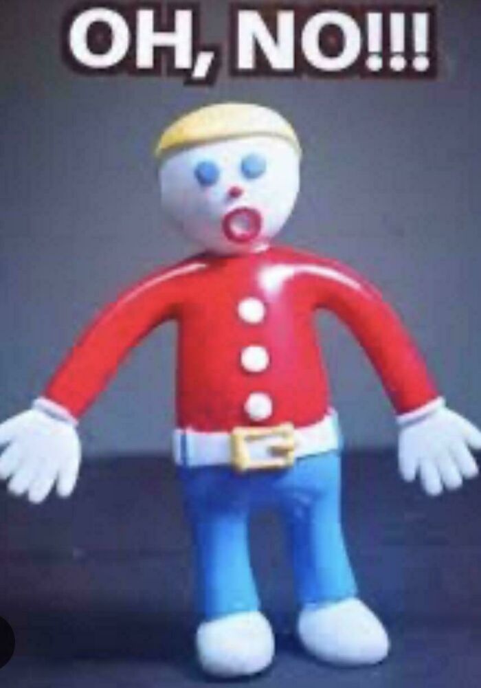 Plastic toy figure with surprised expression and text above, a nostalgic item reminding of creaking joints and aging.