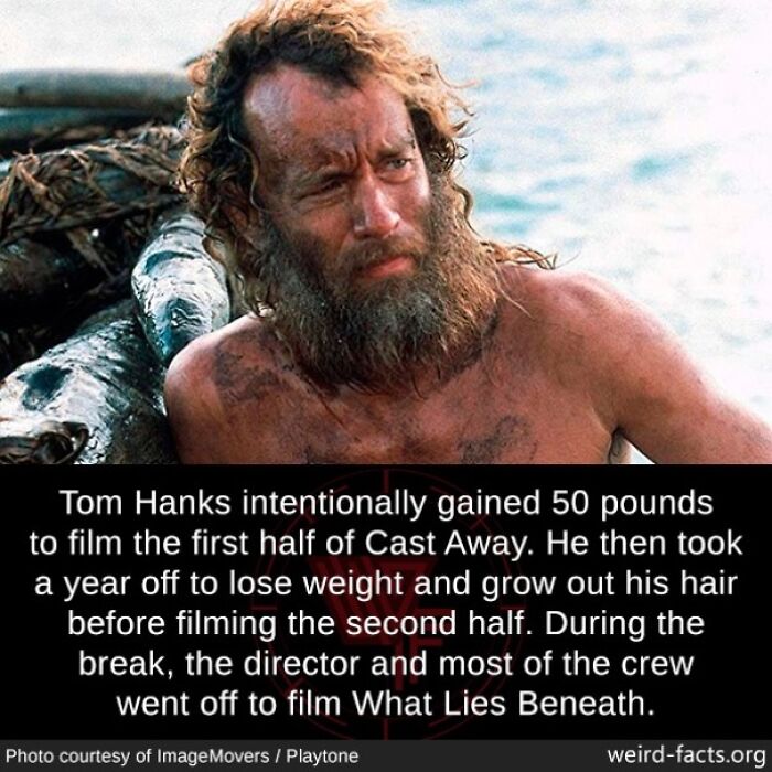 Tom Hanks gained weight and grew a beard for Cast Away, a fascinating fun fact about actor transformations.