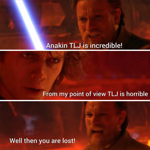 An intense Star Wars meme debate: Anakin and Obi-Wan argue over TLJ opinions with lightsabers drawn.