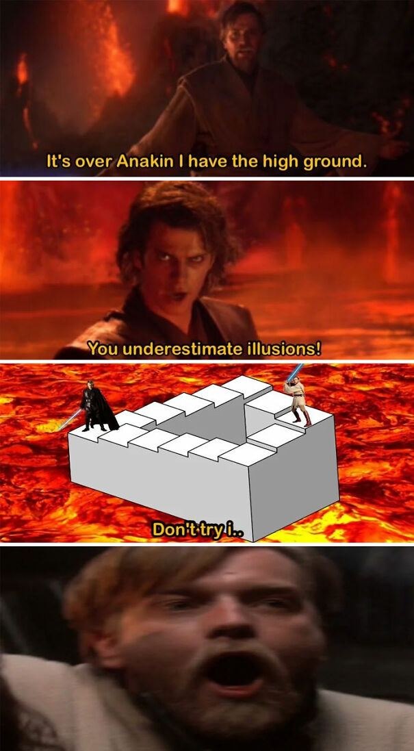 Star Wars meme featuring optical illusion with characters talking about the high ground on stairs above lava.
