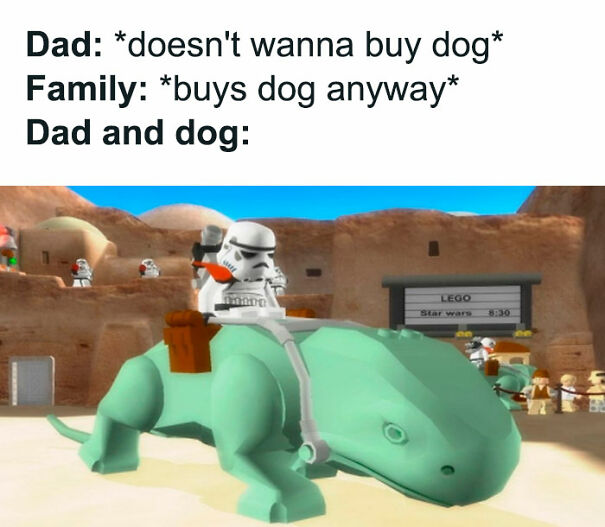 LEGO Stormtrooper riding creature, humorous Star Wars meme about buying a dog.