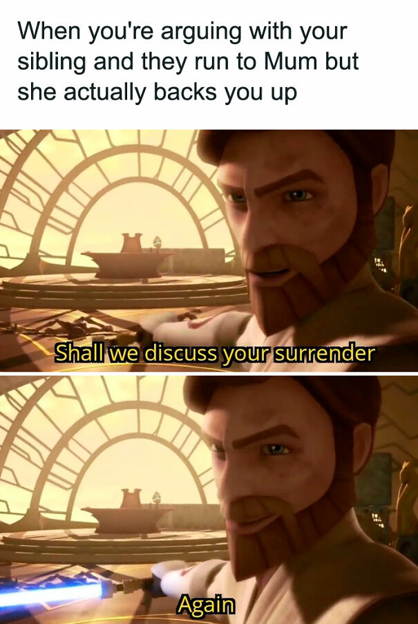Star Wars meme featuring animated character with text about sibling argument and parental support.