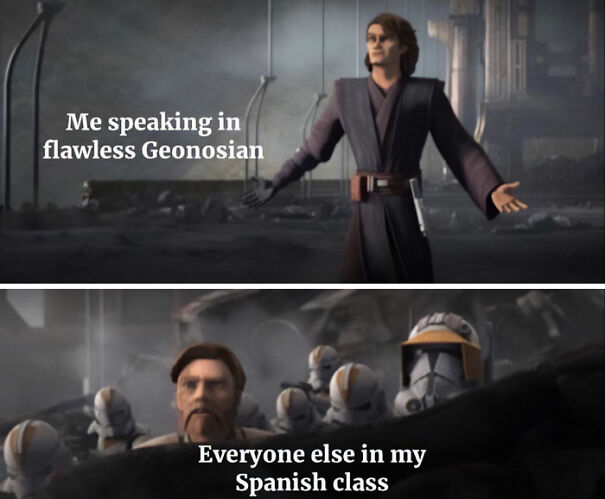 Star Wars meme with Anakin speaking Geonosian and others confused in Spanish class.
