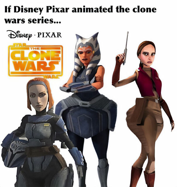 Disney Pixar-style Star Wars Clone Wars meme featuring three characters.