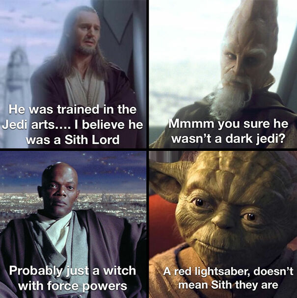 Four panels of Star Wars memes with characters discussing Sith Lords and Jedi humor.