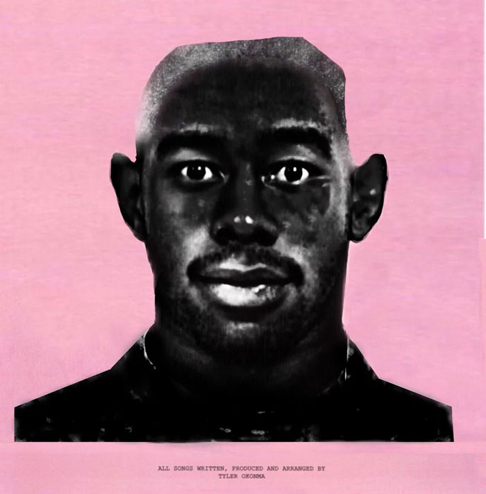 Stylized Tyler The Creator mugshot portrait in black-and-white on a pink background with text below. Stylized Tyler The Creator mugshot portrait in black-and-white on a pink background with text below.