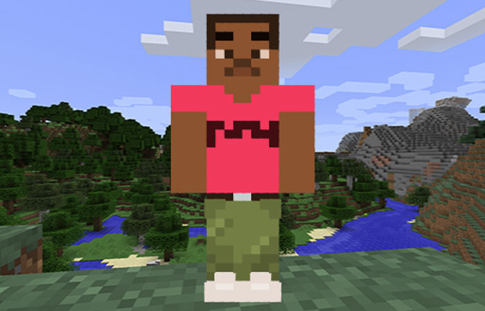 "A Minecraft character designed to resemble Tyler The Creator Mugshot, wearing a pink shirt and green pants, standing in a blocky outdoor landscape. "A Minecraft character designed to resemble Tyler The Creator Mugshot, wearing a pink shirt and green pants, standing in a blocky outdoor landscape.