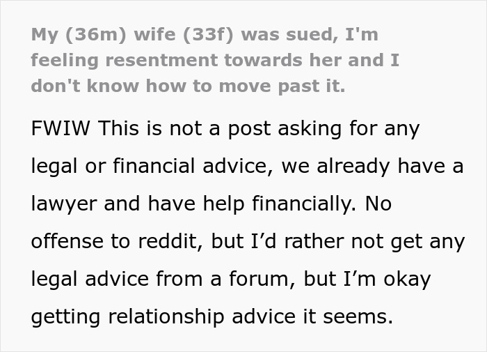 Woman’s “Stupid Lawsuit” Empties Couple’s Savings, Husband Can’t Move Past It Woman’s “Stupid Lawsuit” Empties Couple’s Savings, Husband Can’t Move Past It