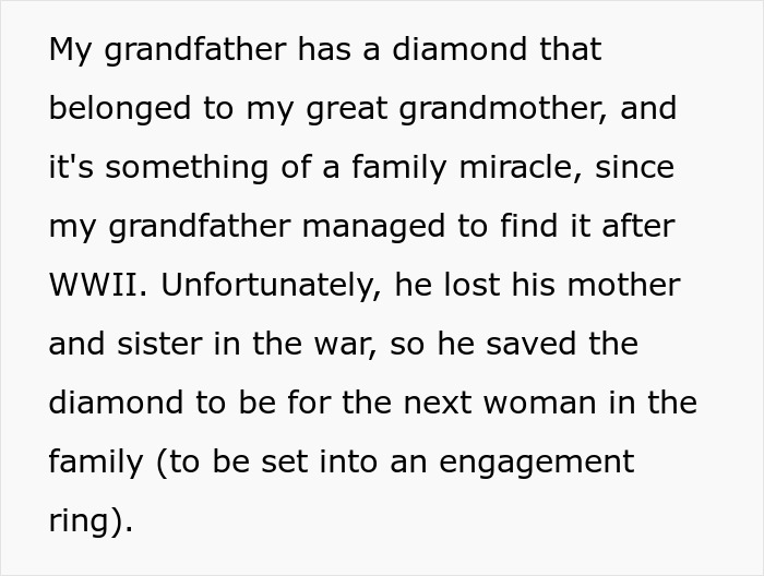 Bride-To-Be Wants Stepsister’s Heirloom Diamond For Engagement Ring, But Grandpa Says “No Way” Bride-To-Be Wants Stepsister’s Heirloom Diamond For Engagement Ring, But Grandpa Says “No Way”