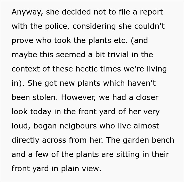“We Called The Police”: Newcomer Discovers Her Bench And Plants Displayed In Neighbors’ Yard “We Called The Police”: Newcomer Discovers Her Bench And Plants Displayed In Neighbors’ Yard