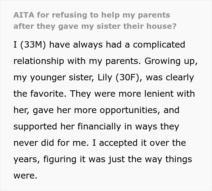 “Family Comes First”: Man Refuses To Help Parents After They Give Their House To Sister “Family Comes First”: Man Refuses To Help Parents After They Give Their House To Sister