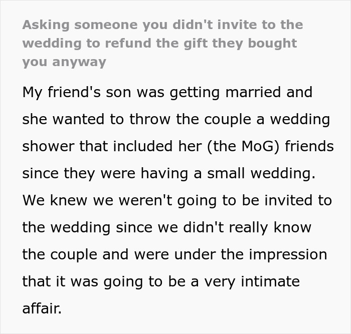 Newlyweds Ask Woman To Return Their Wedding Gift After They Didn’t Even Invite Her Newlyweds Ask Woman To Return Their Wedding Gift After They Didn’t Even Invite Her