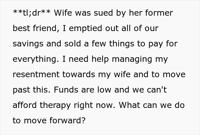 Woman’s “Stupid Lawsuit” Empties Couple’s Savings, Husband Can’t Move Past It Woman’s “Stupid Lawsuit” Empties Couple’s Savings, Husband Can’t Move Past It