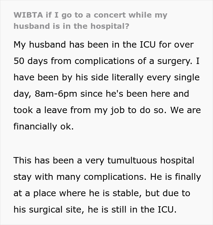 Once-In-A-Lifetime Concert Leaves Woman In A Turmoil Of Guilt As Husband Ails In The ICU Once-In-A-Lifetime Concert Leaves Woman In A Turmoil Of Guilt As Husband Ails In The ICU