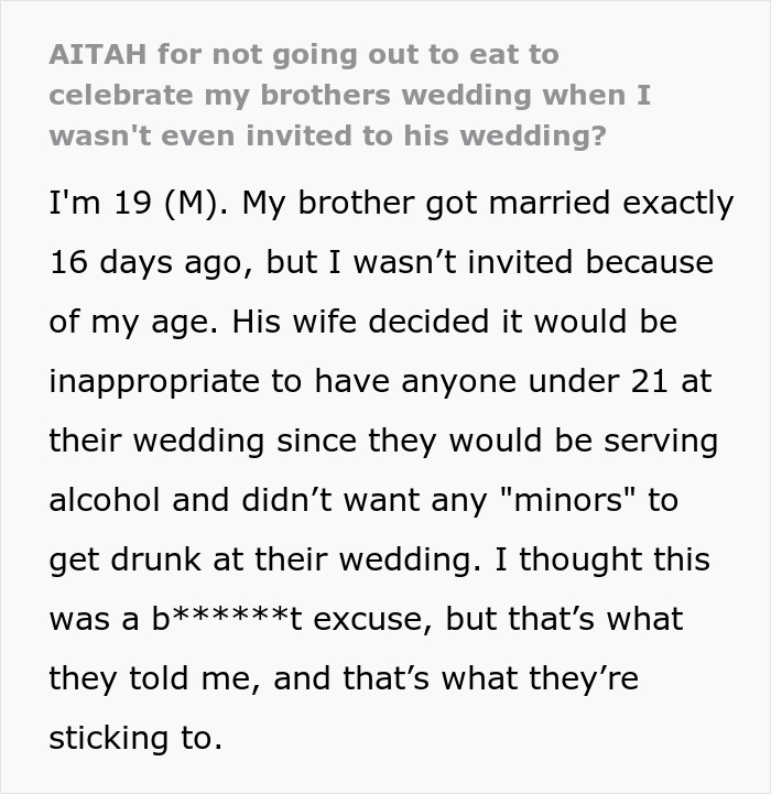 Bride Bans Groom’s Bro From Wedding Due To Age, Sparks Drama As He Refuses To Attend Family Dinner Bride Bans Groom’s Bro From Wedding Due To Age, Sparks Drama As He Refuses To Attend Family Dinner