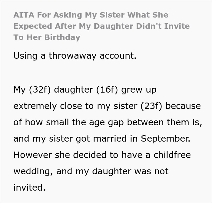 Niece Refuses To Invite Aunt To Her Birthday After Wedding Exclusion, Aunt Turns Passive-Aggressive Niece Refuses To Invite Aunt To Her Birthday After Wedding Exclusion, Aunt Turns Passive-Aggressive