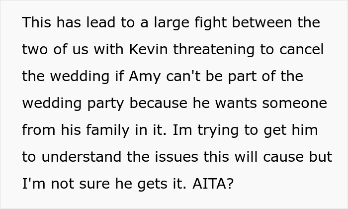 Text about bride worried over groom's choice of trans friend as best man, leading to wedding cancelation threat. Text about bride worried over groom's choice of trans friend as best man, leading to wedding cancelation threat.