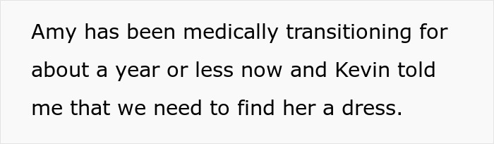 Bride concerned about groom's trans best man, mentions a dress for Amy. Bride concerned about groom's trans best man, mentions a dress for Amy.