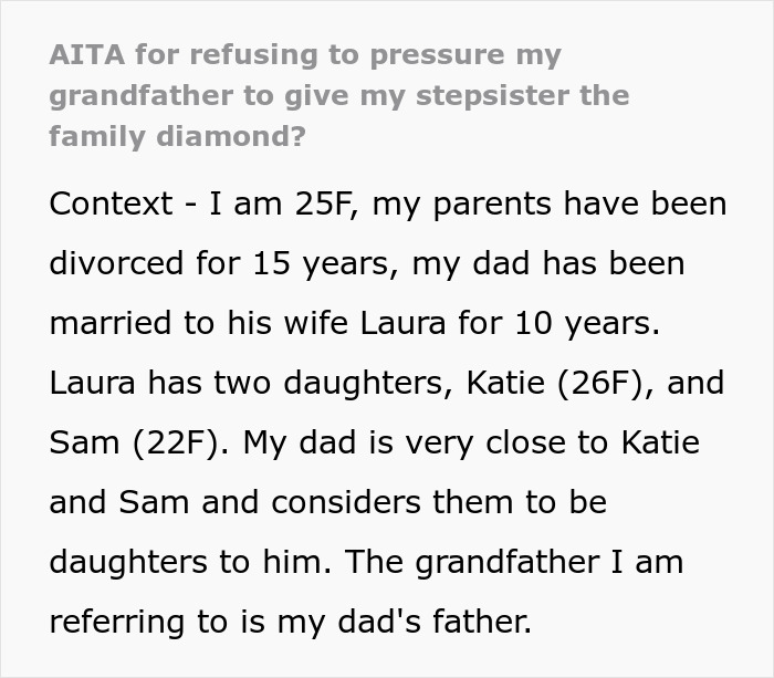 Bride-To-Be Wants Stepsister’s Heirloom Diamond For Engagement Ring, But Grandpa Says “No Way” Bride-To-Be Wants Stepsister’s Heirloom Diamond For Engagement Ring, But Grandpa Says “No Way”