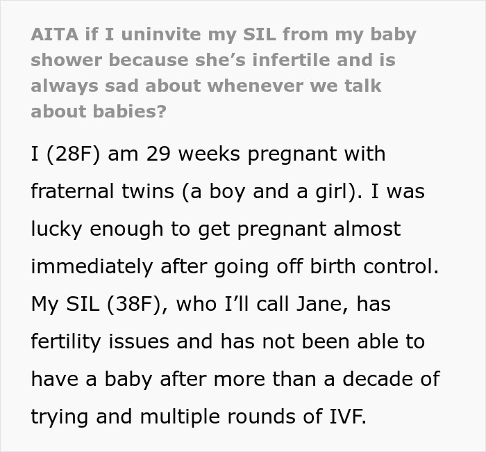 Pregnant Woman Wonders If It's Rude To Exclude Infertile SIL Who’s Prone To Emotional Outbursts Pregnant Woman Wonders If It's Rude To Exclude Infertile SIL Who’s Prone To Emotional Outbursts