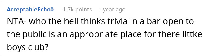 Drama Erupts As Woman “Ruins” Guy’s Safe Space By Joining Trivia Night At Local Bar, He Storms Out Drama Erupts As Woman “Ruins” Guy’s Safe Space By Joining Trivia Night At Local Bar, He Storms Out