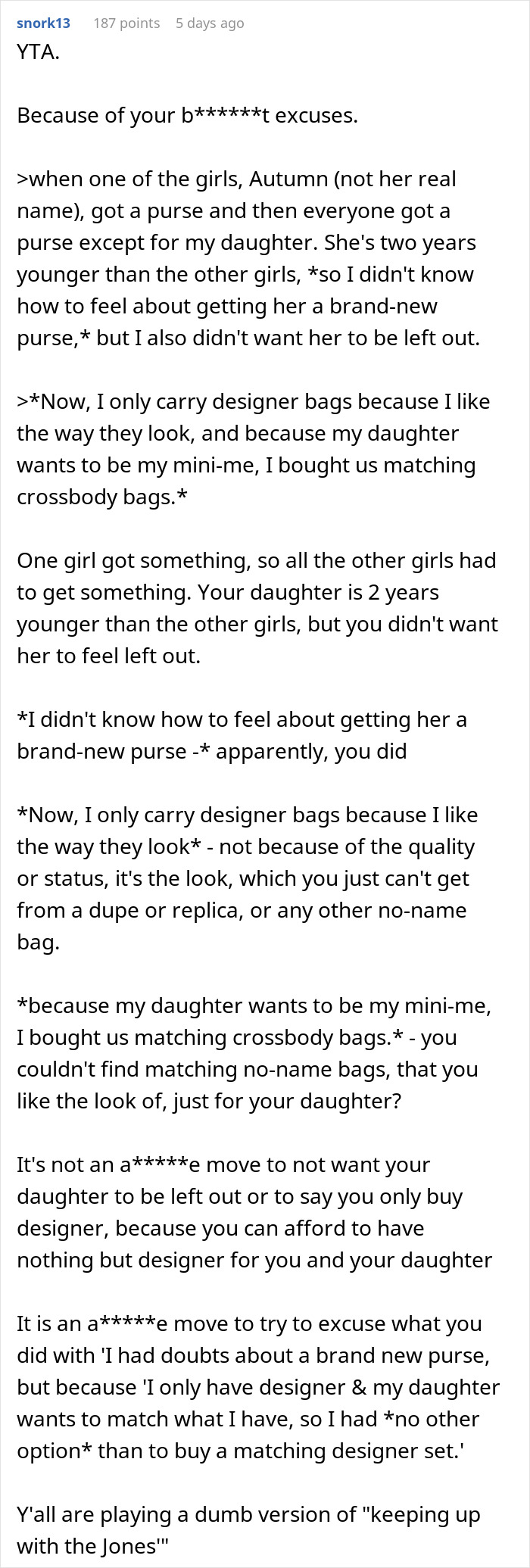 "AITA For Getting My Daughter A Designer Bag When Not Everyone In The Group Could Afford It?" "AITA For Getting My Daughter A Designer Bag When Not Everyone In The Group Could Afford It?"