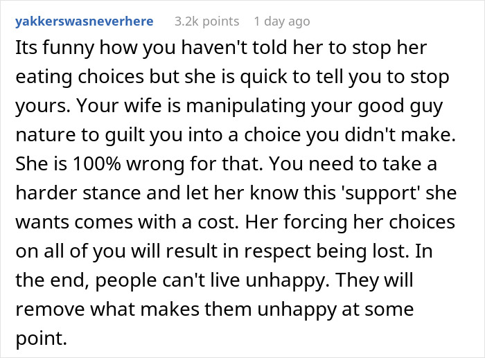 "AITA For Secretly Cheating On Our Vegetarian Diet That My Wife Made Our Family Do?" "AITA For Secretly Cheating On Our Vegetarian Diet That My Wife Made Our Family Do?"