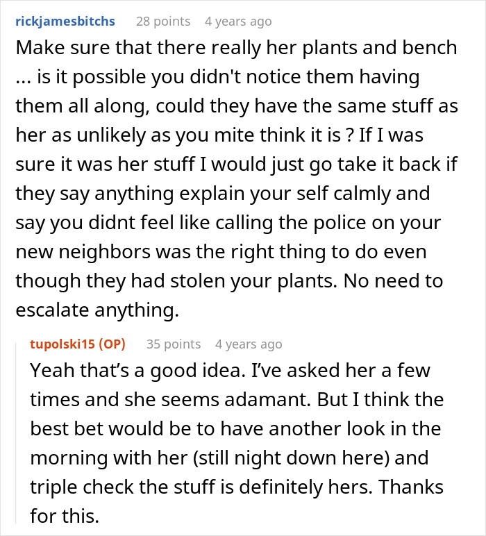 “We Called The Police”: Newcomer Discovers Her Bench And Plants Displayed In Neighbors’ Yard “We Called The Police”: Newcomer Discovers Her Bench And Plants Displayed In Neighbors’ Yard