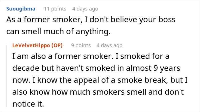 Boss Threatens Employee With A Write-Up After They Complained About Him Stinking Of Smoke Boss Threatens Employee With A Write-Up After They Complained About Him Stinking Of Smoke