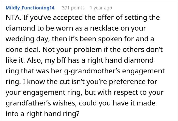 Bride-To-Be Wants Stepsister’s Heirloom Diamond For Engagement Ring, But Grandpa Says “No Way” Bride-To-Be Wants Stepsister’s Heirloom Diamond For Engagement Ring, But Grandpa Says “No Way”
