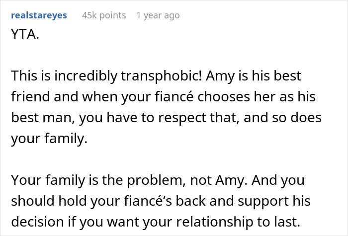 Reddit comment criticizing a bride for being transphobic about groom's best man choice. Reddit comment criticizing a bride for being transphobic about groom's best man choice.