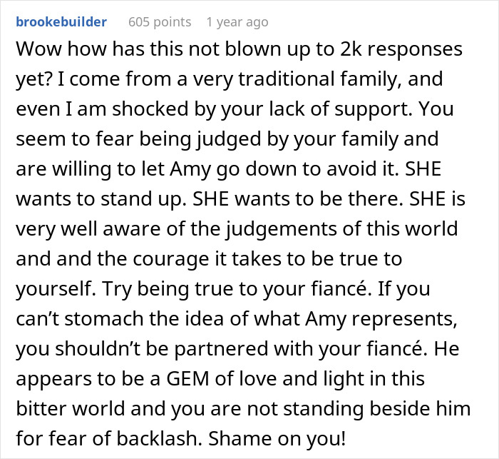 Comment discussing fear of judgment and support for a trans friend at a wedding. Comment discussing fear of judgment and support for a trans friend at a wedding.