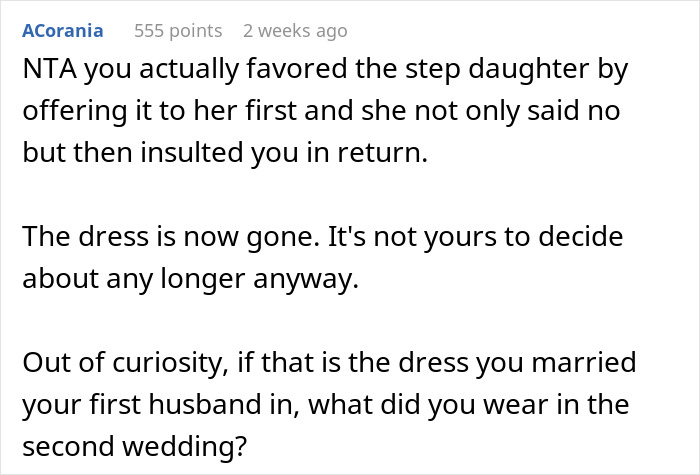 Stepdaughter Insults Woman's Wedding Dress, Creates Drama After She Gives It To Future DIL Stepdaughter Insults Woman's Wedding Dress, Creates Drama After She Gives It To Future DIL
