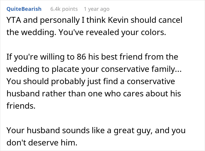 Reddit comment criticizing a bride's stance on groom’s trans friend, suggesting wedding cancellation. Reddit comment criticizing a bride's stance on groom’s trans friend, suggesting wedding cancellation.