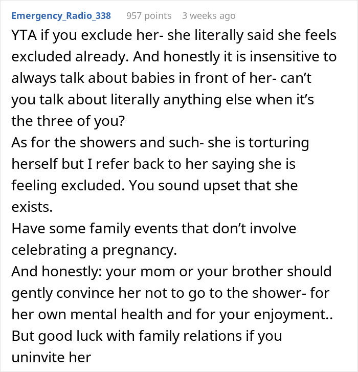 Pregnant Woman Wonders If It's Rude To Exclude Infertile SIL Who’s Prone To Emotional Outbursts Pregnant Woman Wonders If It's Rude To Exclude Infertile SIL Who’s Prone To Emotional Outbursts