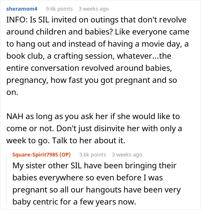 Pregnant Woman Wonders If It's Rude To Exclude Infertile SIL Who’s Prone To Emotional Outbursts Pregnant Woman Wonders If It's Rude To Exclude Infertile SIL Who’s Prone To Emotional Outbursts