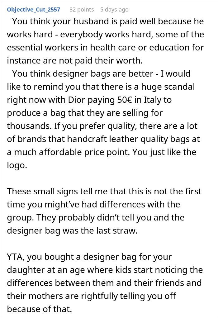 "AITA For Getting My Daughter A Designer Bag When Not Everyone In The Group Could Afford It?" "AITA For Getting My Daughter A Designer Bag When Not Everyone In The Group Could Afford It?"