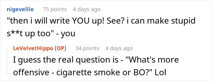 Boss Threatens Employee With A Write-Up After They Complained About Him Stinking Of Smoke Boss Threatens Employee With A Write-Up After They Complained About Him Stinking Of Smoke