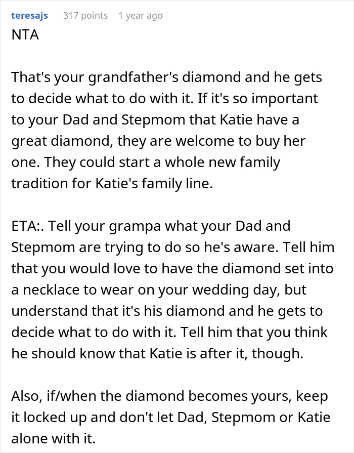 Bride-To-Be Wants Stepsister’s Heirloom Diamond For Engagement Ring, But Grandpa Says “No Way” Bride-To-Be Wants Stepsister’s Heirloom Diamond For Engagement Ring, But Grandpa Says “No Way”
