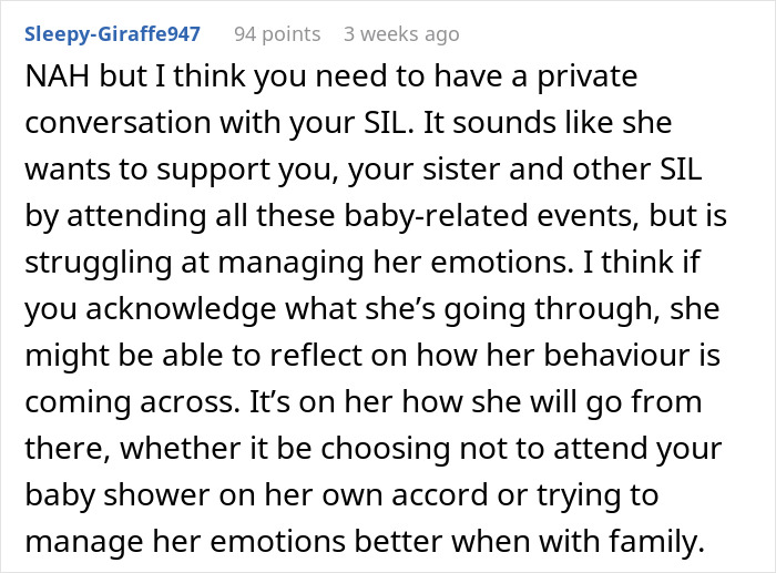 Pregnant Woman Wonders If It's Rude To Exclude Infertile SIL Who’s Prone To Emotional Outbursts Pregnant Woman Wonders If It's Rude To Exclude Infertile SIL Who’s Prone To Emotional Outbursts