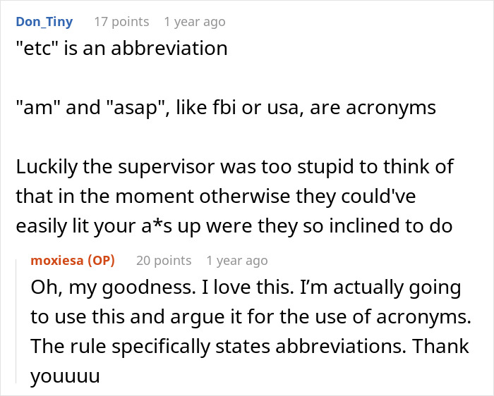 Woman Maliciously Complies With “No Abbreviations” Rule, Makes Supervisor Look Stupid Woman Maliciously Complies With “No Abbreviations” Rule, Makes Supervisor Look Stupid